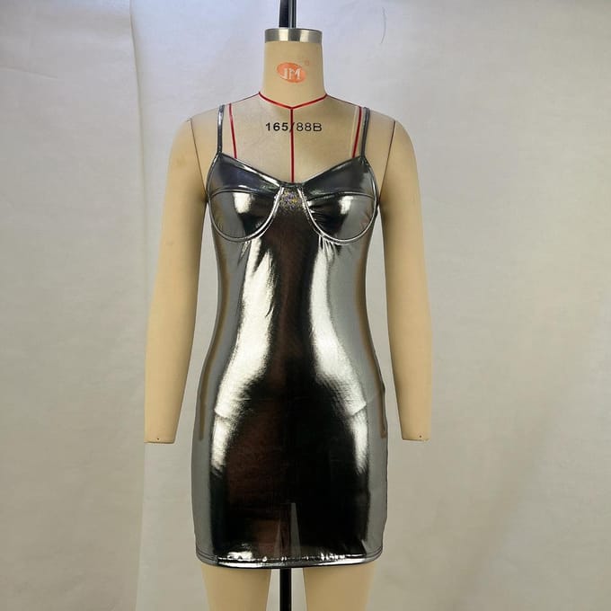 Nouvelle Robe Mini d'Été pour Femme Métallisée Sexy à Bretelles et Ceinture Taille Hanches L
