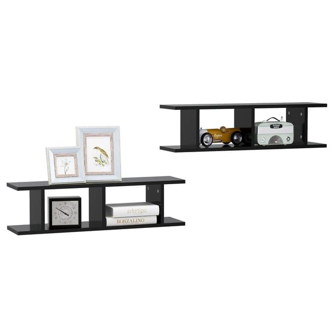 vidaXL - Wandschappen - 2 - st - 75x18x20 - cm - bewerkt - hout - zwart