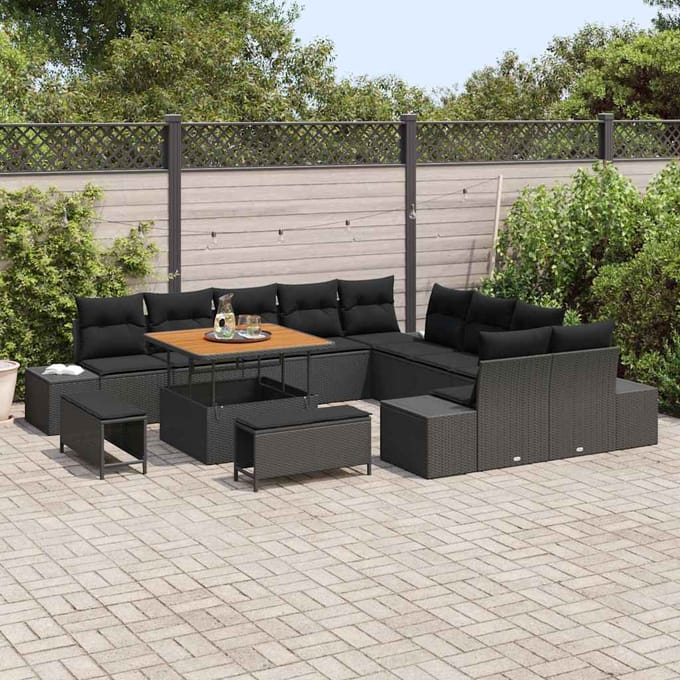 vidaXL - Tuinbank - Set - 13 - st - 12-zits - Zwart - Poly - rattan