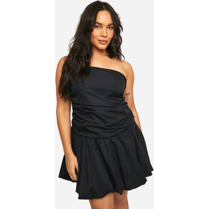 boohoo Dames Plus Gerafelde Bandeau Puff Ball Mini Jurk | Zwart | Maat: 56