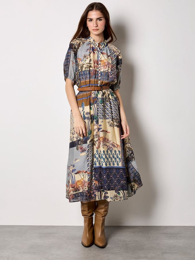 Midi-jurk met patchworkprint
