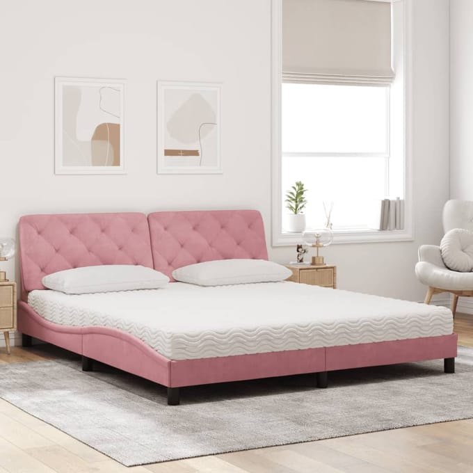 vidaXL - Bed - met - matras - fluweel - roze - 180x200 - cm