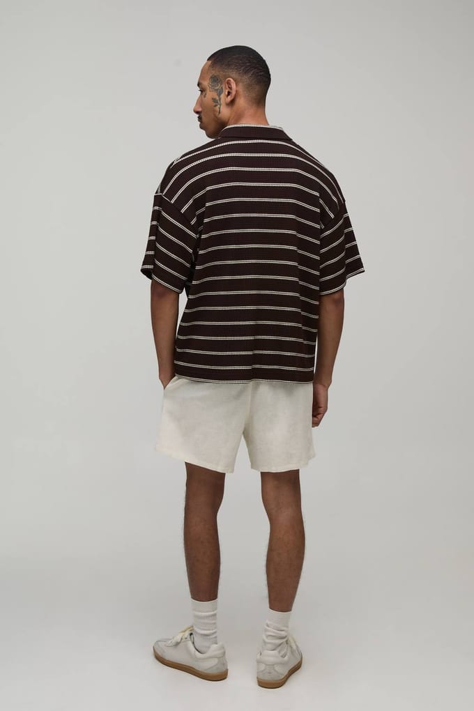 Oversized Striped Waffle Revere Polo T-Shirt | Chocolate | Size Large