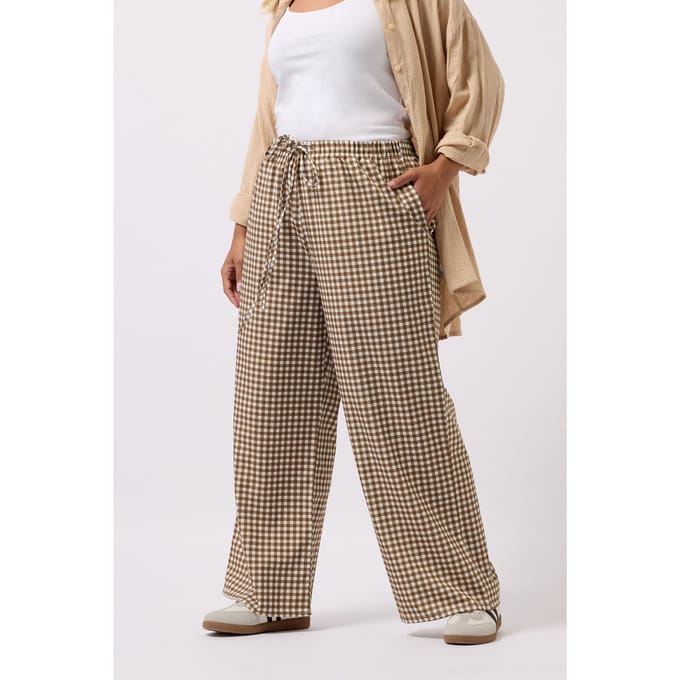 Yours Bruine Gingham Wijde Broek Size 42