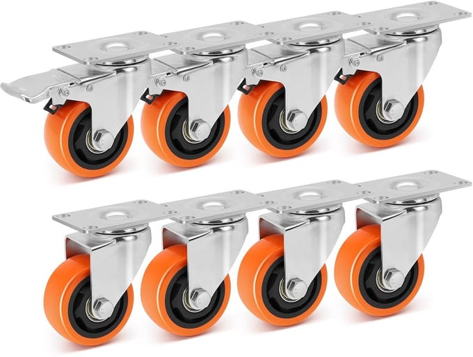 Set van 8 Zware Meubelwielen 75mm met Remmen - 360° Draaibaar