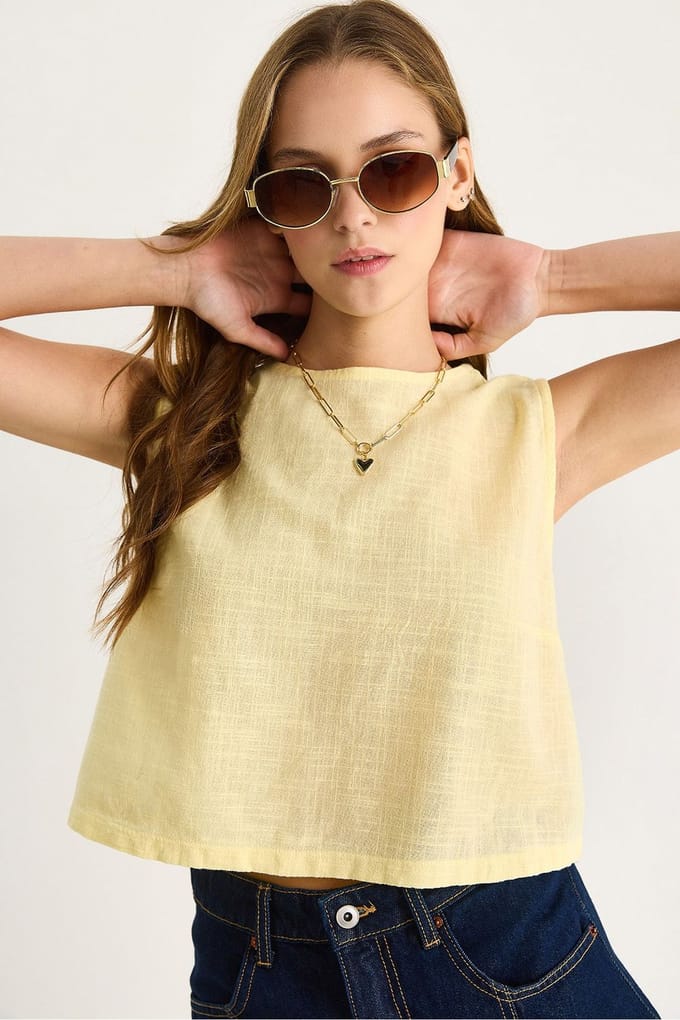 Linnenmix Korte Mouwen Crewneck Blouse
