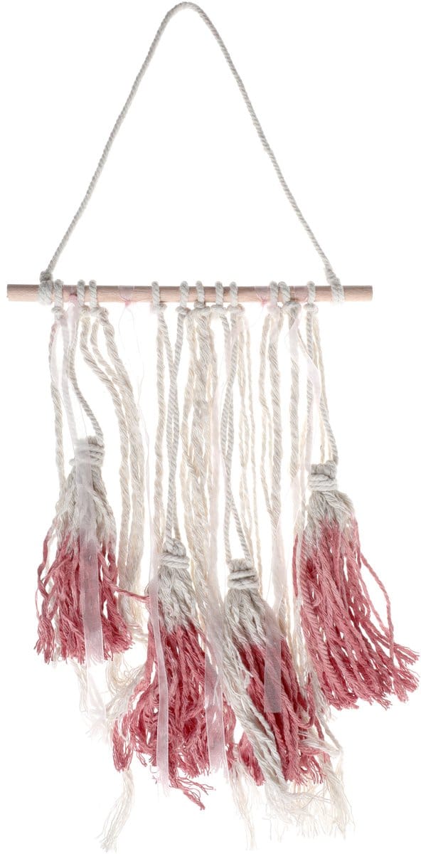 SANTEX - Houten wanddecoratie rode pompons 24 x 50 cm macramé decoratie