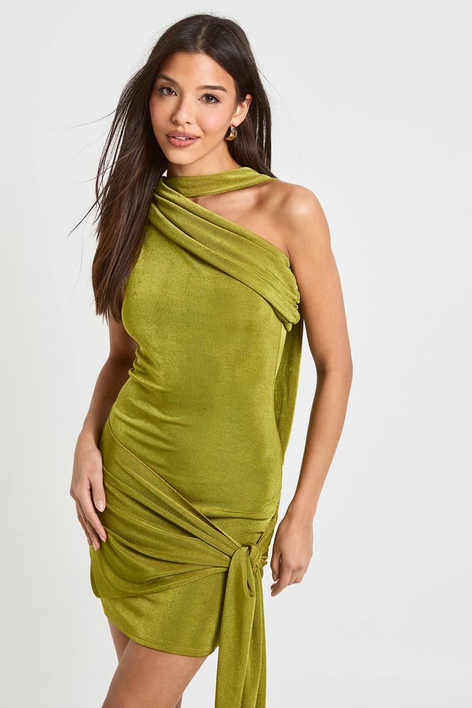 boohoo Dames Asymmetrische wikkel-mini-jurk in slinky-stijl | Olive | Maat: 8