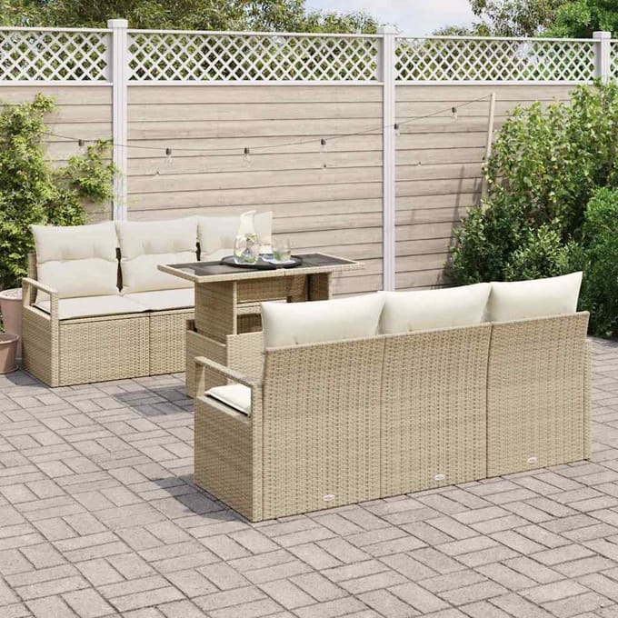 vidaXL Tuinbank Set met kussen met opslag 7 pcs Beige Poly rattan