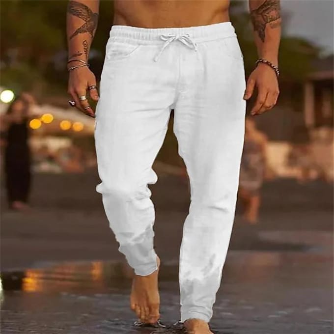 Pantalon long en coton et lin à taille élastique pour homme, pantalon décontracté ample L blanc