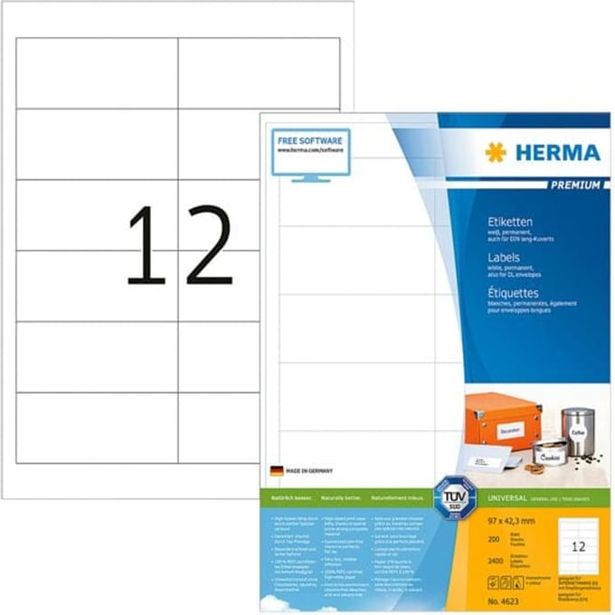 Herma premium-etiketten op A4-bladen, 2400 etiketten, 200 vellen