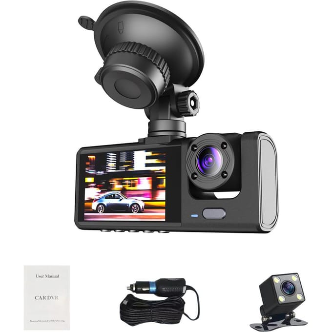 1080P DVR Dash Camera Voor-, Binnen- en Achtercamera Rijrecorder 2 Inch Scherm Dashcam Ondersteuning zwart