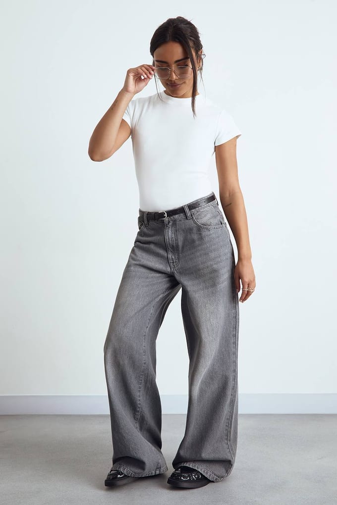 boohoo Dames Geribde korte mouw lang gesneden nauwsluitende top | Wit | Maat: 42