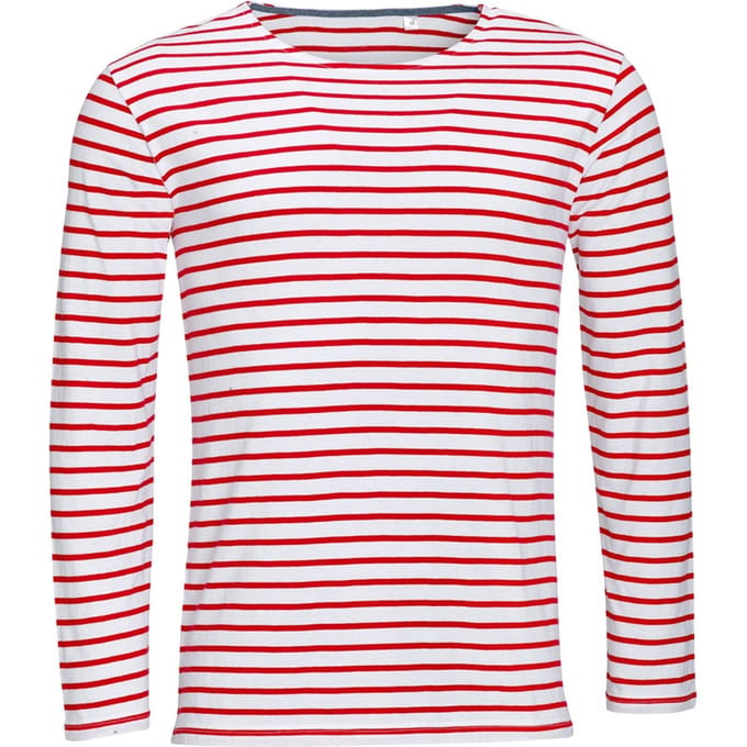 SOLS Heren Marine T-Shirt met lange mouwen (Wit/rood)