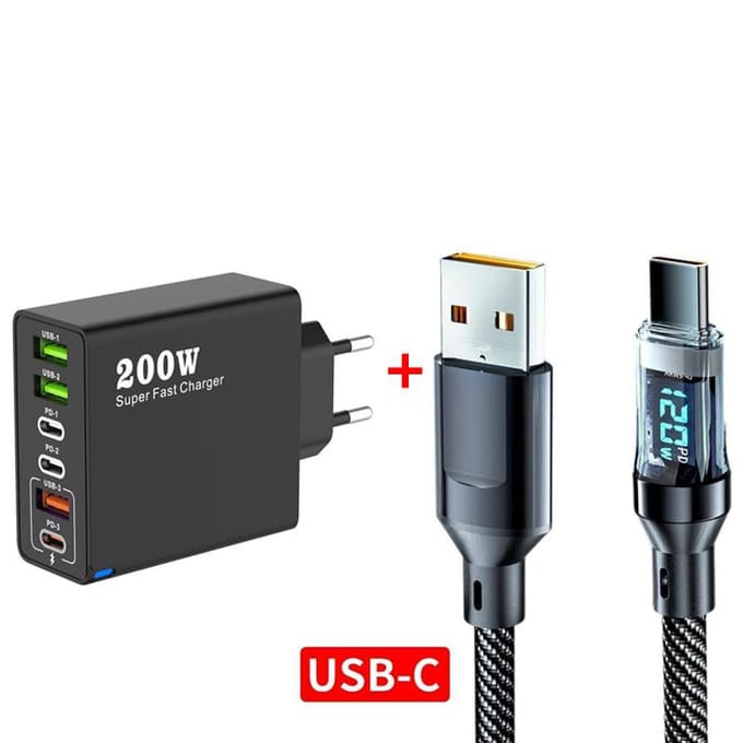 6 in 1 Totaal 200W USB Type C Mobiele Telefoon Oplader USB3.0 PD3.0 Supersnel Opladen Stroomadapter voor iPhone Xiaomi Samsung eu plug zwart
