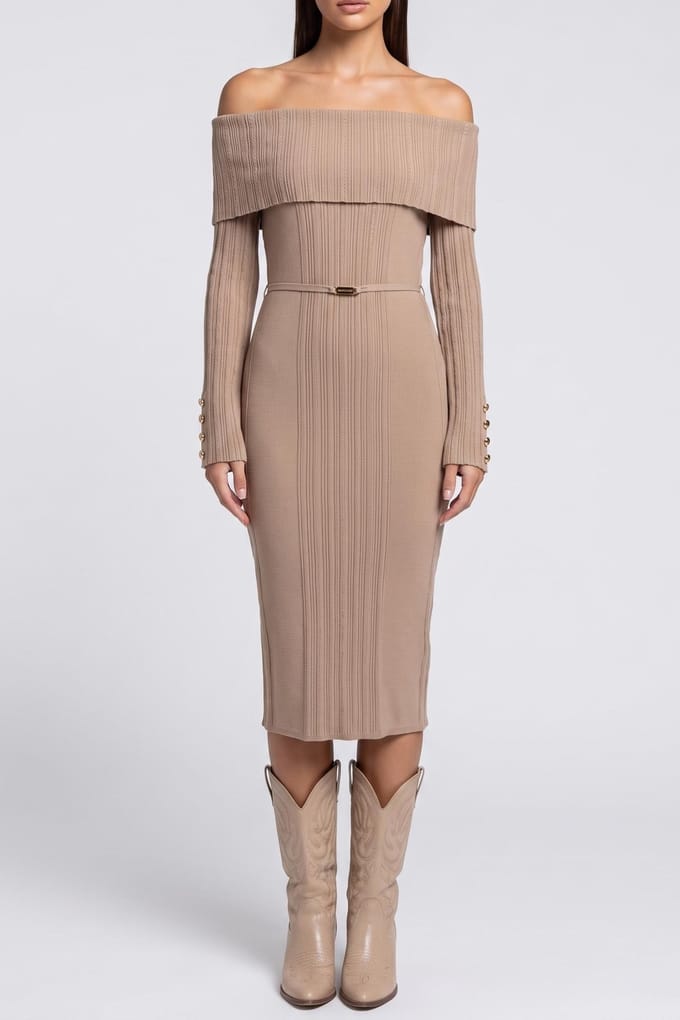 GUESS Giada Ls Off Shoulde Natural Almond Größe: 42 | Midikleider Outlet | Damen | Braun