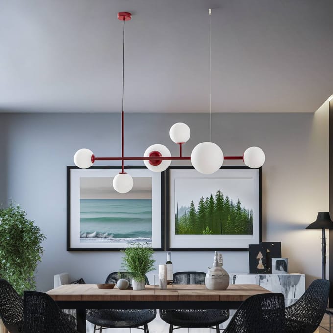 Dione Hanglamp 6-lichts Rood met Witte Kappen - Stijlvol en Verstelbaar