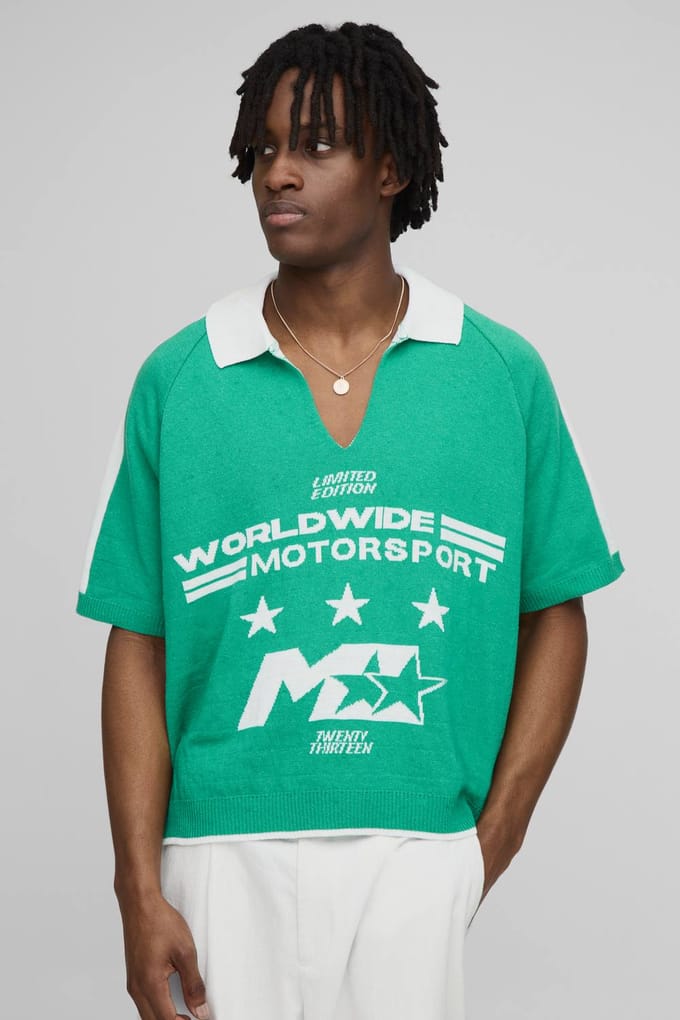Wereldwijde oversized boxy moto jacquard gebreide polo | Green | Size Medium