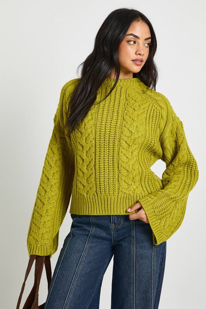 boohoo Dames Stoere kabelgebreide trui | Chartreuse | Maat: Small