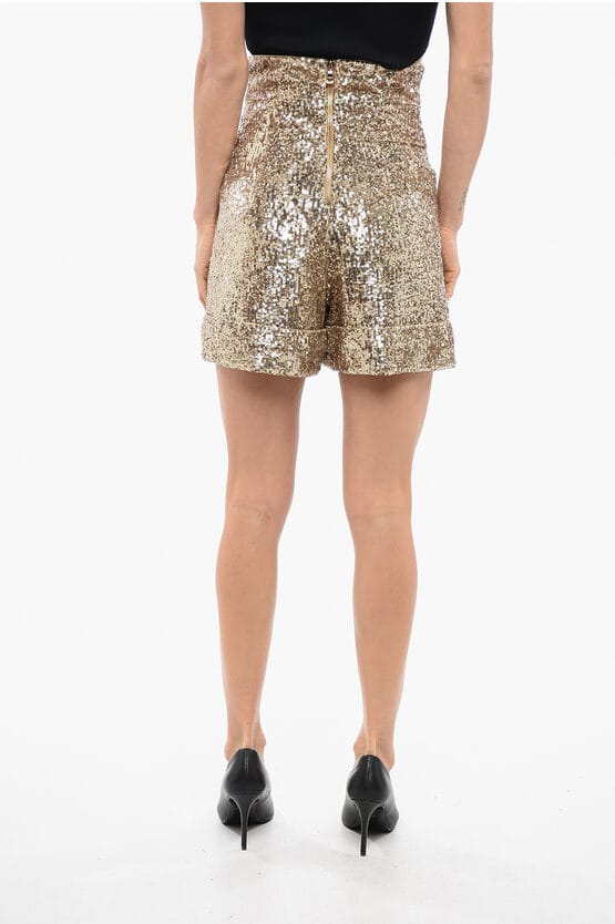 Dubbelgeplooide, hoog getailleerde shorts met pailletten in goud