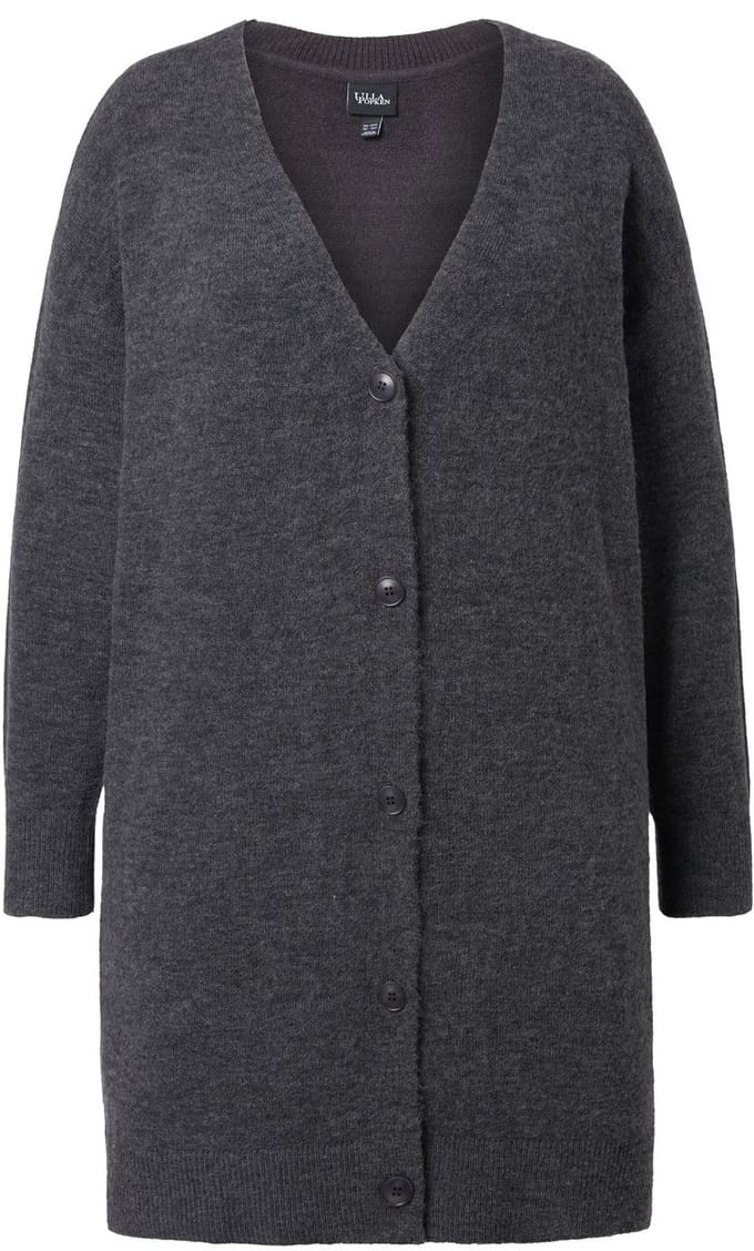 Ulla Popken - Dames - Vest boxy-model V-hals knoopsluiting - Donkergrijze melange - Maat 46+