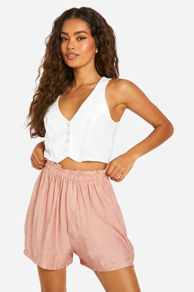 boohoo Dames Linnen Look Relaxed Fit Shorts | Stoffig Roze | Maat: 34