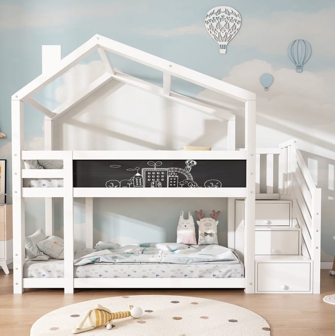 COVREO Stapelbed 90x200 cm wit, boomhutdesign, trap, zonder matras