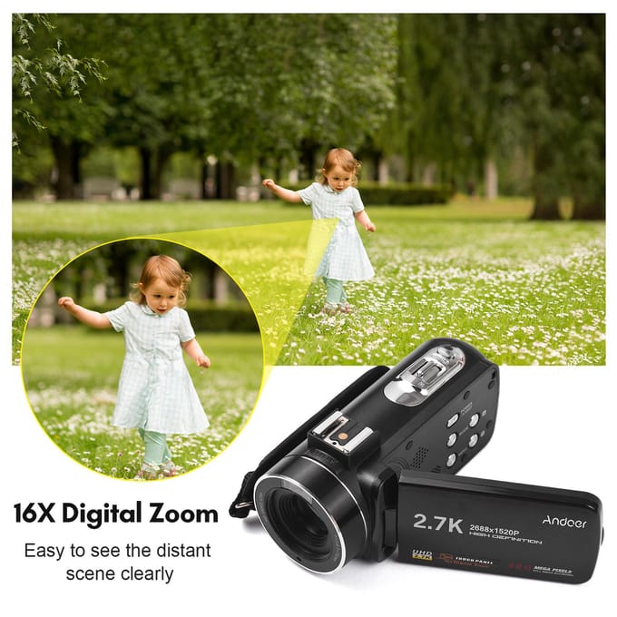 Andoer 2.7K caméra vidéo numérique caméscope enregistreur DV 48MP 16X Zoom numérique 3.0 pouces IPS Touch noir