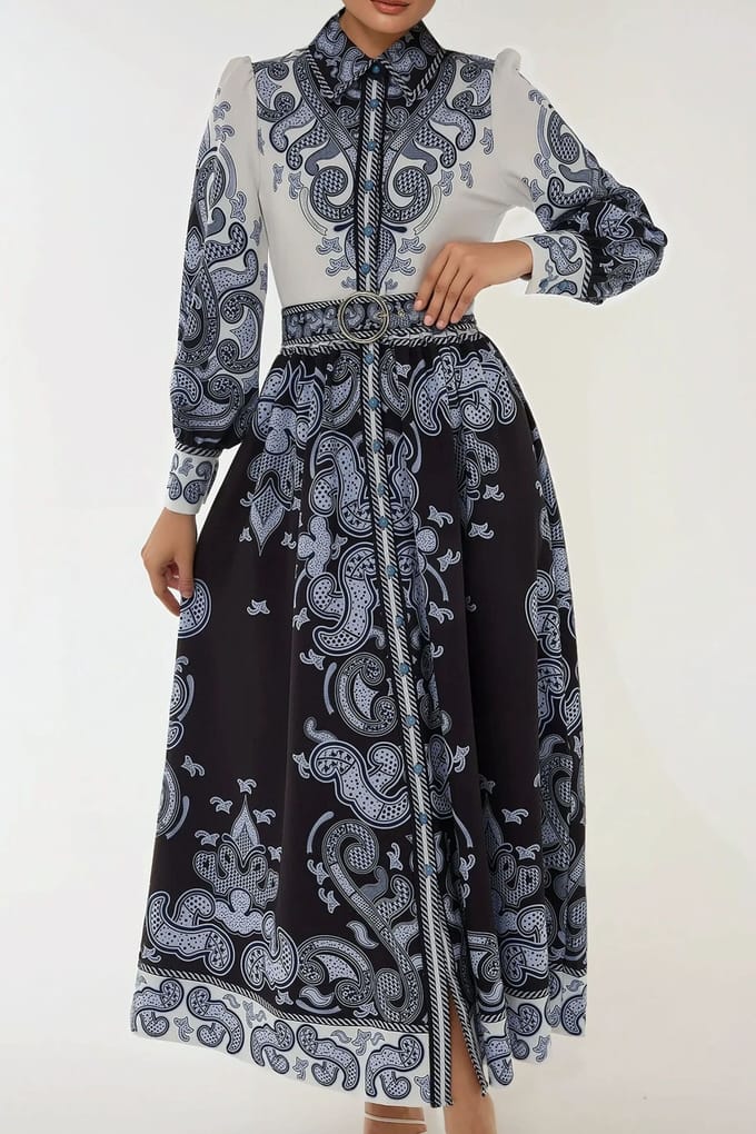 Geprinte Lange Mouw Maxi Jurk met Ceintuur