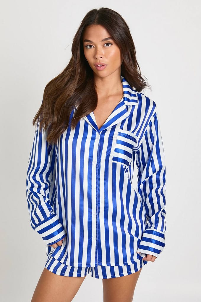 boohoo Dames Oversized pyjamashirt & shortset met contrasterende streep | Blue | Maat: 12