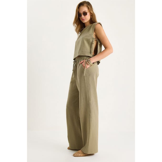 Crew Neck Striksluiting Twee-delige Co-ord Set met Wijde Pantalons
