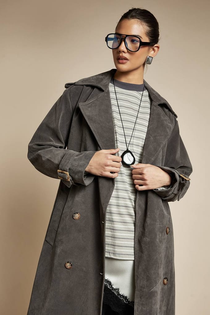 boohoo Dames Faux Suede Trenchcoat | Grey | Maat: 10