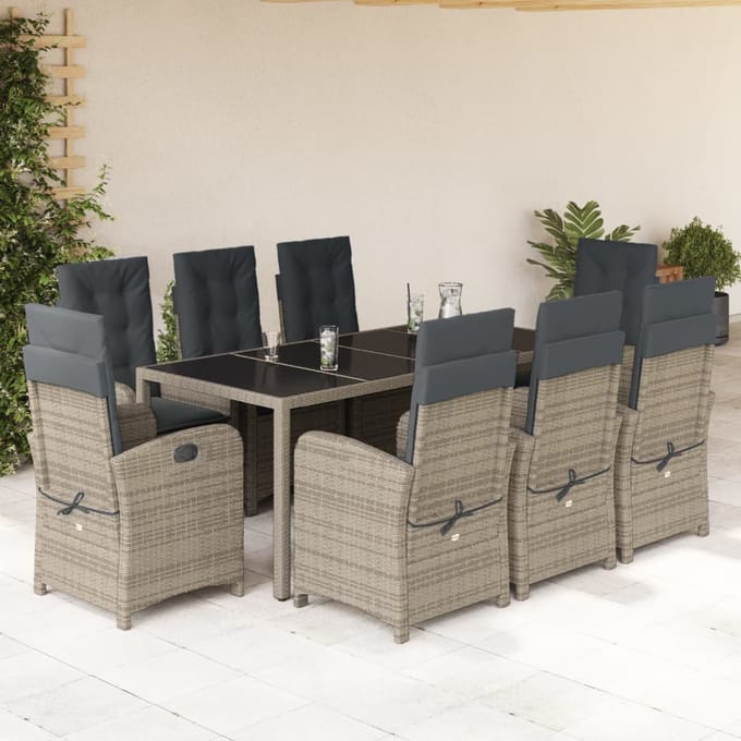 vidaXL - 9-delige - Tuinset - met - kussens - poly - rattan - grijs