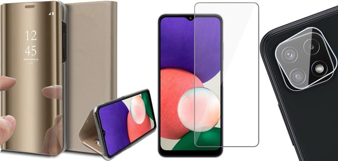 Hoesje geschikt voor Samsung Galaxy A22 5G - Bookcase Goud - Screenprotector - Camera Screen Protector - Spiegel Hoes