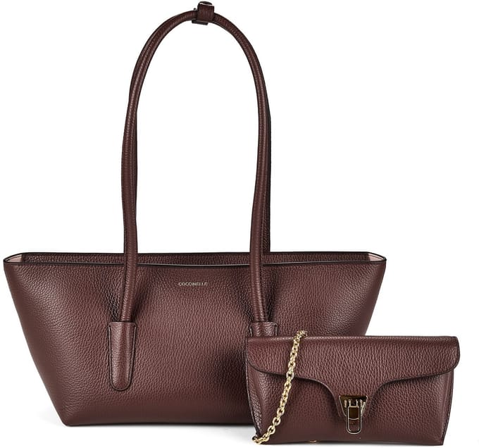 COCCINELLE Leren shopper Double Beat Grained Leather Handbag Berry donkerpaars