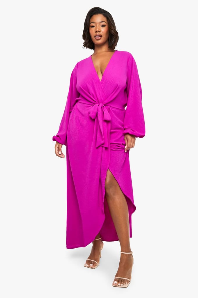 boohoo Dames Plus Textured Maxi-jurk met binddetail | Fuchsia | Maat: 48