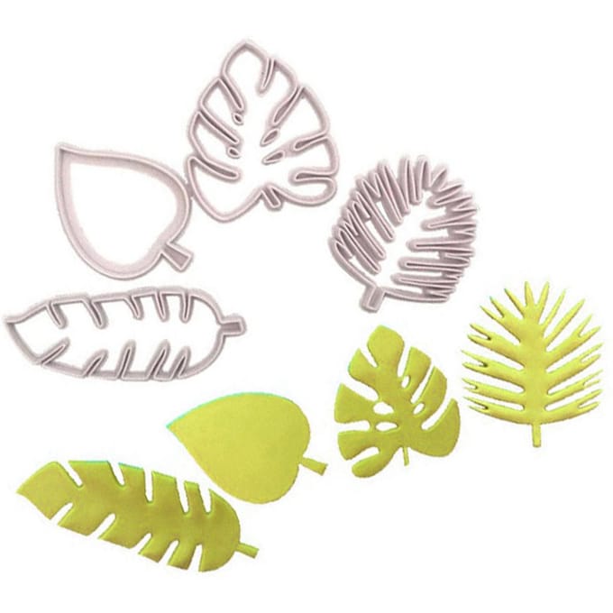 Lot de 4 emporte-pièces en forme de feuilles tropicales, pour décoration de gâteaux Luau white