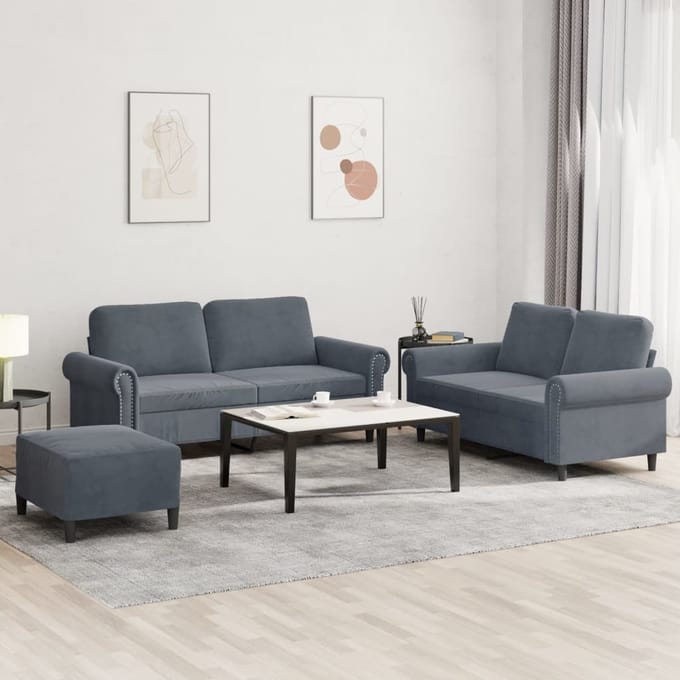 vidaXL - 3-delige - Loungeset - met - kussens - fluweel - donkergrijs