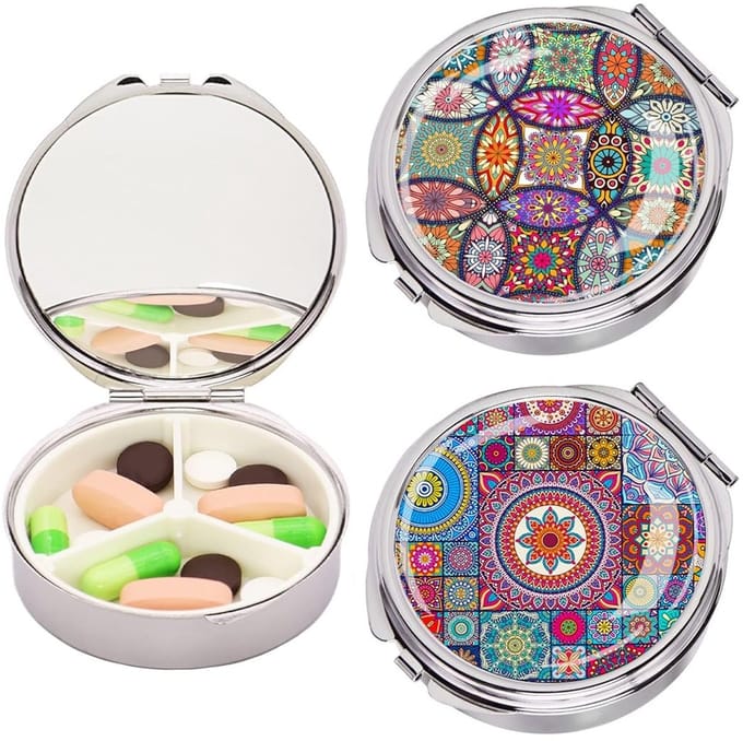 Dailygoods- Pillendoos 2 Stuks - Draagbare Reispillendoos - Mini-Pillendoos - Met Spiegel - 3 Vakken - Compacte Medicijnorganizer - Medicijnbox