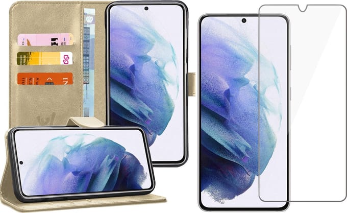 Hoesje geschikt voor Samsung S21 Plus en Screenprotector - Book Case Kunstleer Wallet Goud + Screen Protector Glas