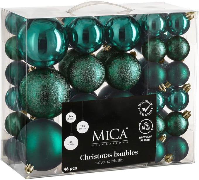 Mica Decorations Kerstballen Set - 46 Stuks - Ø4 cm, Ø6 cm en Ø8 cm - Onbreekbaar - Petrol