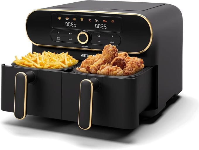 Heteluchtfriteuse - Dubbele Friteuse - Gezond Koken - Twee Compartimenten - 11 Liter - Zwart Goud