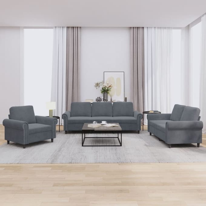 vidaXL - 3-delige - Loungeset - met - kussens - fluweel - donkergrijs