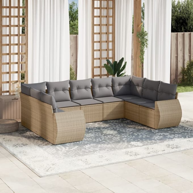 vidaXL - 9-delige - Loungeset - met - kussens - poly - rattan - beige