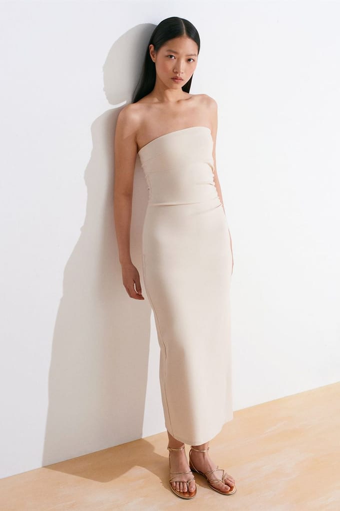 Strapless Bodycon Midi Jurk Met Splits