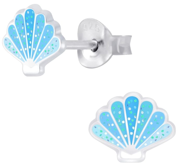 Joy|S - Zilveren schelp oorbellen - glitter blauw - 8 x 6 mm