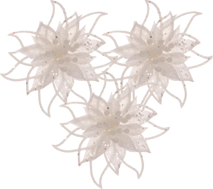 Cosy and Trendy kerstboomversiering bloemen op clip - 3x- wit - 14 cm - glitters