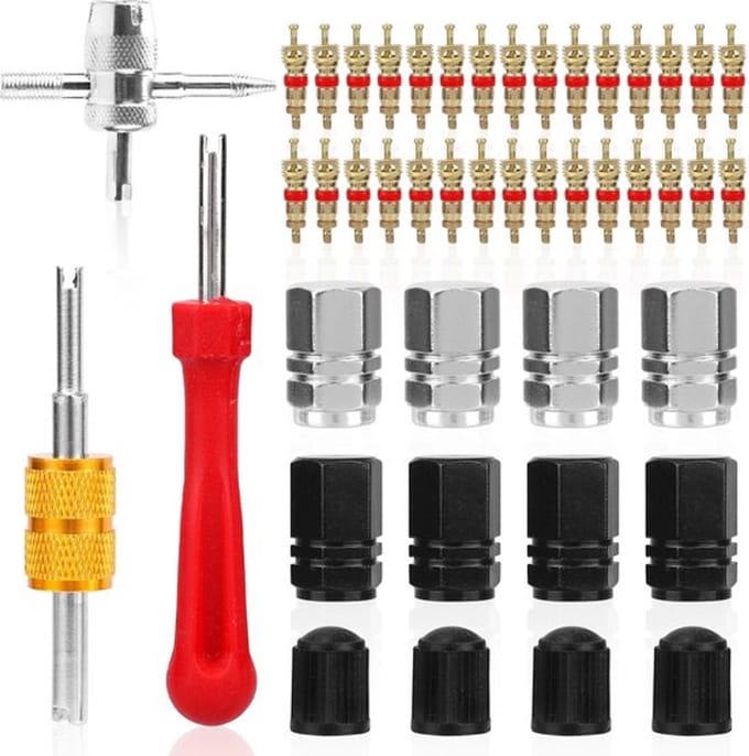 Dailygoods- Ventiel Sleutelset 4-in-1 - Dubbele Sleutel - Ventielkern