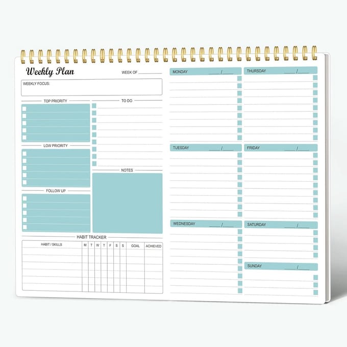 Ongedateerde wekelijkse planner - 52 weken - schema, doelen & gewoontetracker - compact formaat 8,5x12 inch - spiraalbinding