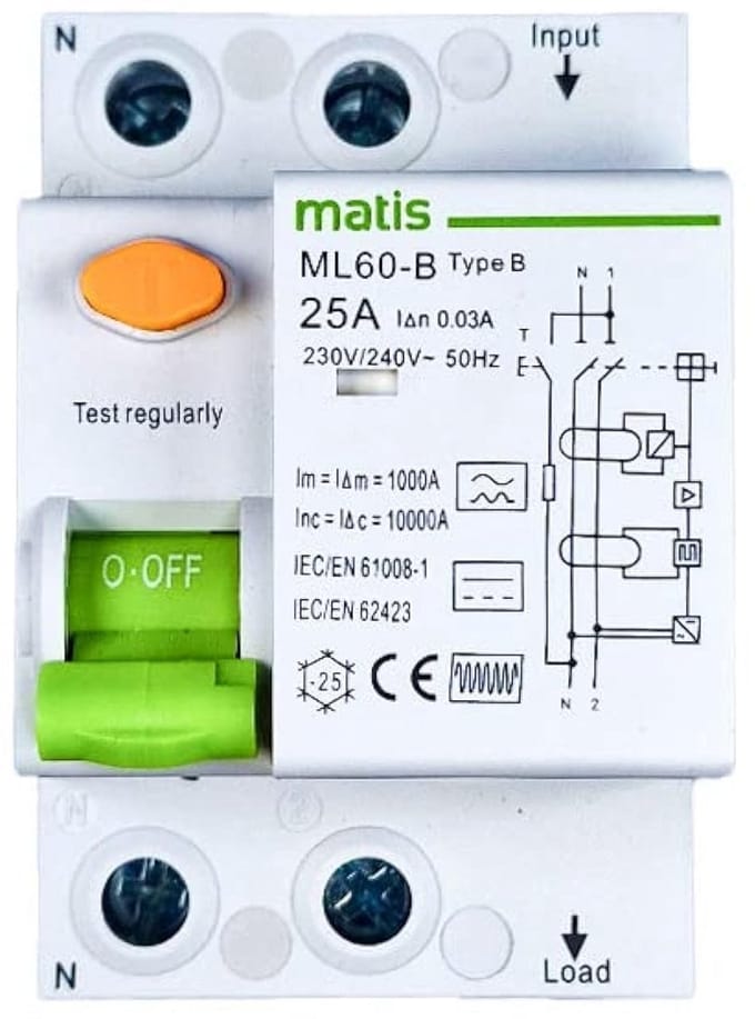 2-polige Aardlekschakelaar Type B 25A 30mA voor AC en DC Foutstromen